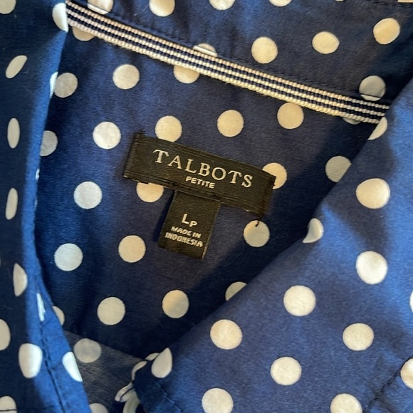 Talbots Petites navy and white Polkadot long sleeve button down LP Cotton large - Picture 3 of 6